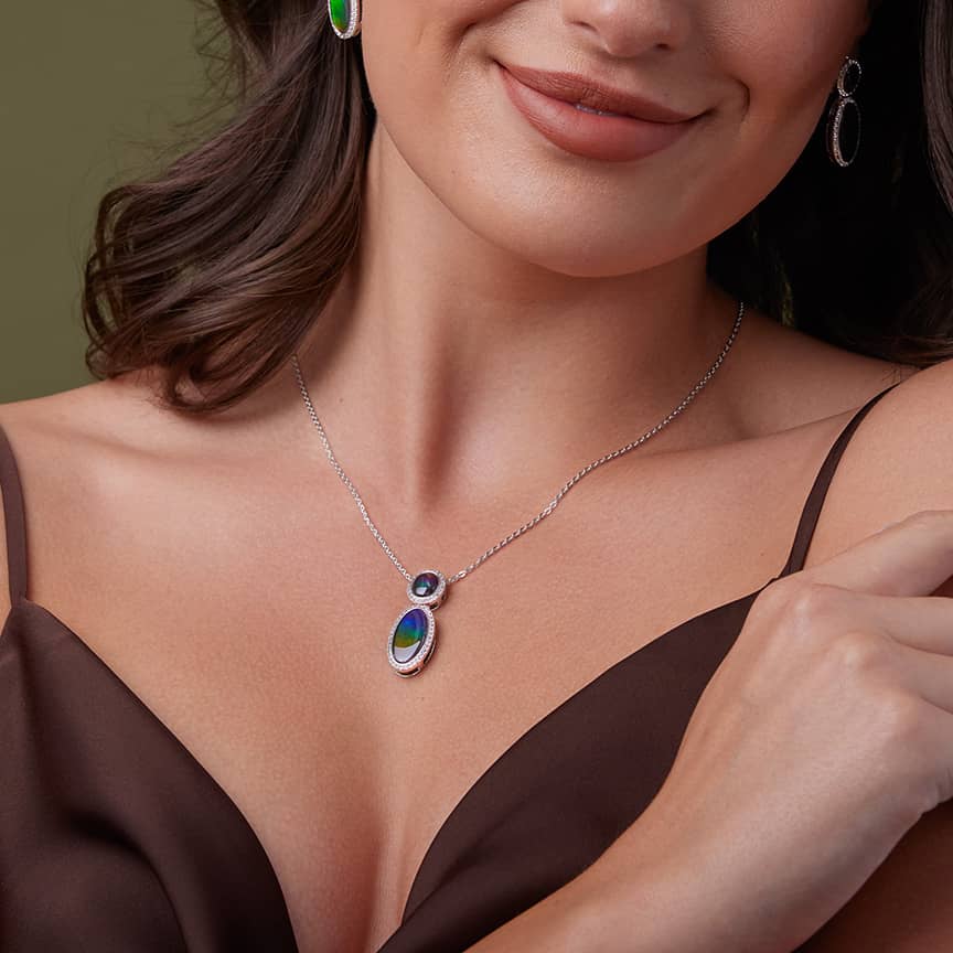 Sterling Silver Serene Ammolite and White Topaz Oval Halo Pendant ...