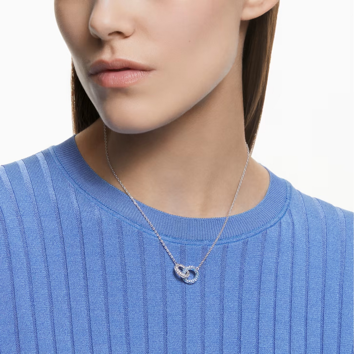 Stone Necklace Pavé, Intertwined Circles, Blue, Rhodium Plated