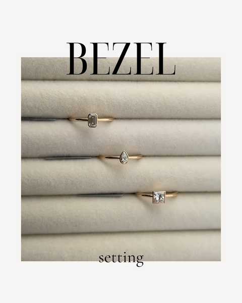 bezel setting in radiant cut, pear cut, princess cut