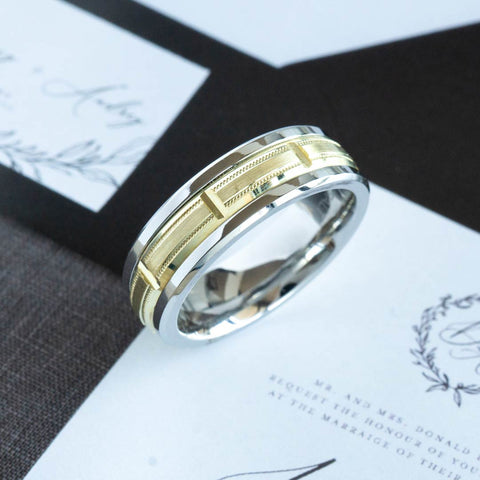 Men's Beveled Milgrain Grooved Cobalt and 10kt Yellow Gold Wedding Band