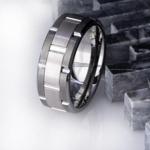 Men’s Satin Finish Grooved 10kt White Gold and Tungsten Wedding Band