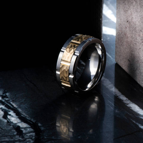 Men's Hammer Grooved Cobalt and 10kt Yellow Gold Wedding Ring