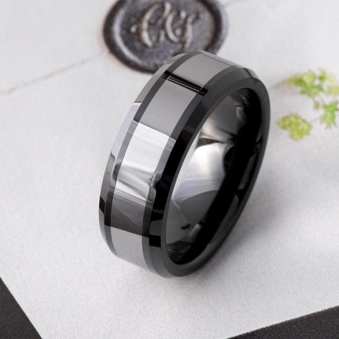 Bevelled Polished Ceramic & Tungsten Wedding Band