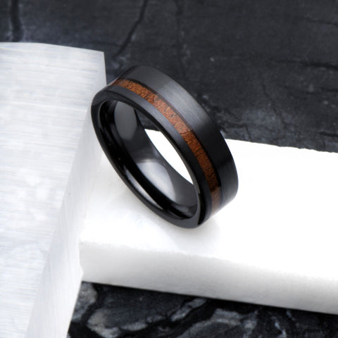 Brush Black Ceramic Off Center Koa Wood Wedding Band SIZE 10.5