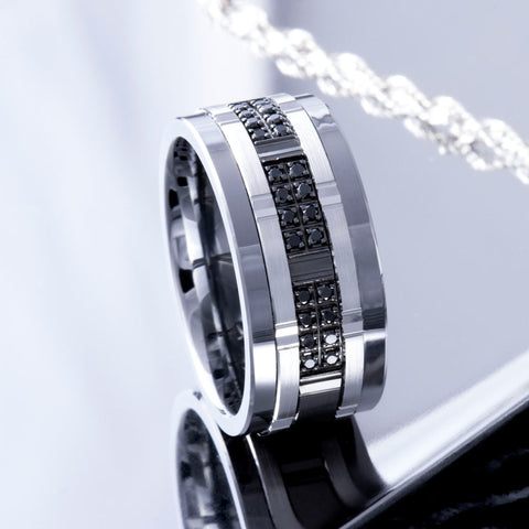 Tungsten and 10kt White Gold 0.24cttw Black Diamonds Wedding Band