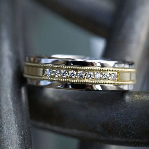 Men's Satin Milgrain Diamond Cobalt and 10kt Yellow Gold Wedding Band