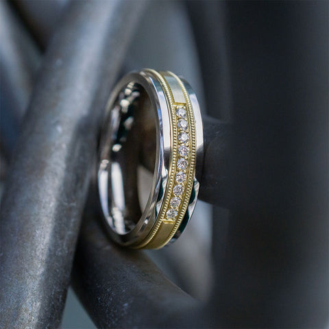 Men's Satin Milgrain Diamond Cobalt and 10kt Yellow Gold Wedding Band