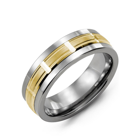 Men's Beveled Milgrain Grooved Cobalt and 10kt Yellow Gold Wedding Band