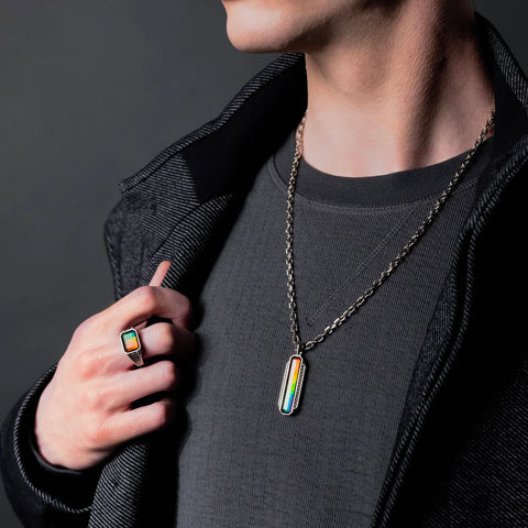 Sterling Silver Lunar Ammolite Mens Ring