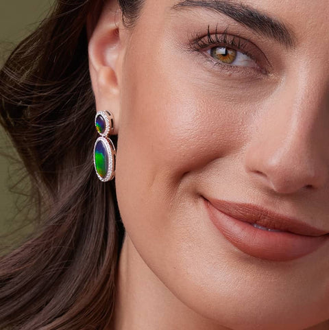 Sterling Silver Serene Oval Ammolite and Topaz Long Halo Earrings