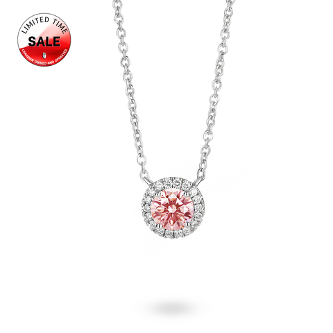 10kt White Gold 0.50cttw Lab-Grown Pink Diamond Halo Pendant