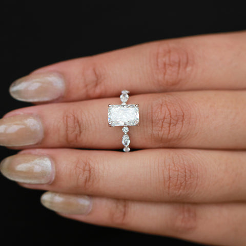 14kt White Gold 4.00cttw Lab-Grown Radiant Diamond Marquise Side Stone Engagement Ring