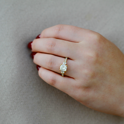 14kt Yellow Gold 2.26cttw Cushion Cut Canadian Diamond Three Across Ring