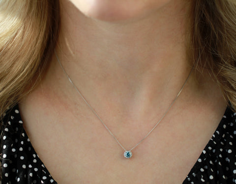10kt White Gold 0.33cttw Lab-Created Blue Diamond Round Halo Pendant