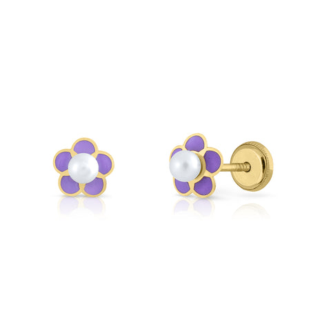 10kt Yellow Gold Children's Purple Flower Stud Earrings