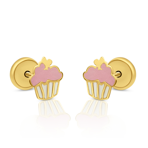 10kt Yellow Gold Children's Pink Cupcake Stud Earrings