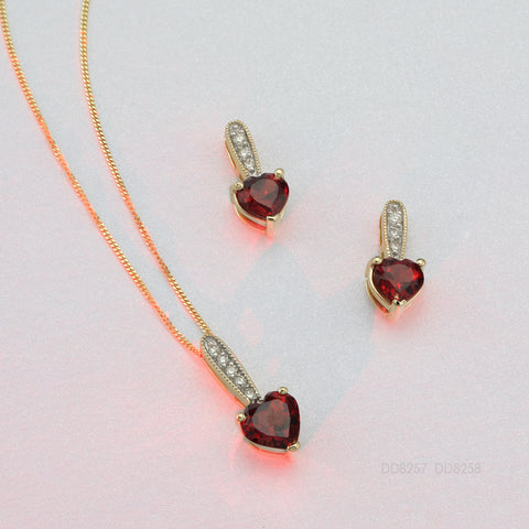 10kt Yellow Gold Heart Garnet And Diamond Earrings
