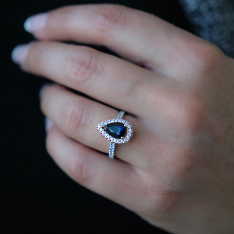 18kt White Gold Pear Shape Sapphire and Diamond Halo Ring