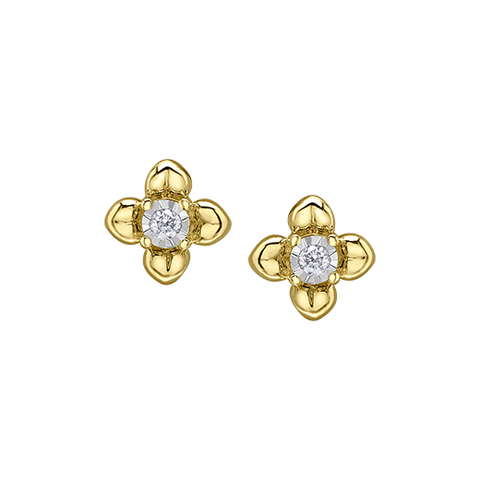 10kt Yellow and White Gold Diamond Flower Stud Earrings