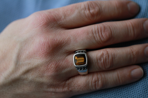 Black and Silver Ring with Natural Tiger's Eye