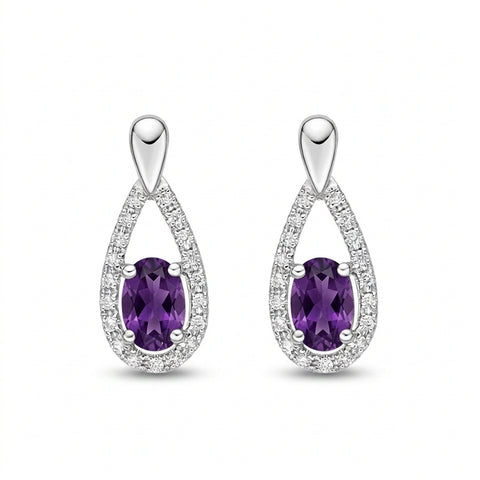 10kt White Gold Oval Amethyst and Diamond Earrings