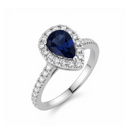18kt White Gold Pear Shape Sapphire and Diamond Halo Ring