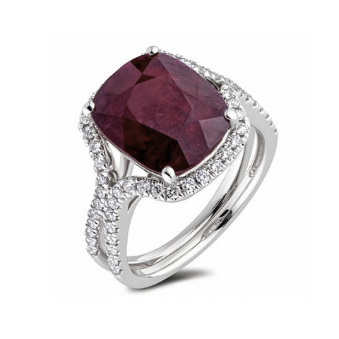 18kt White Gold Dark Red Natural Ruby and Diamond Halo Ring