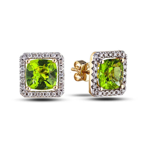 10kt Yellow Gold 4.48ct Cushion Peridot and Diamond Stud Earrings
