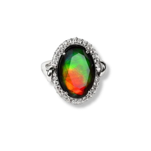 Sterling Silver Oval Ammolite and White Topaz Halo Ring
