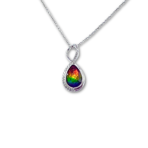 Sterling Silver Infinity Ammolite Pendant in Silver with White Topaz