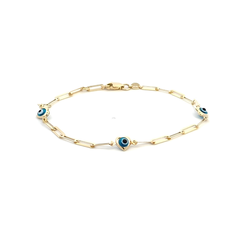 10kt Yellow Gold Blue Evil Eye Paperclip Bracelet 7.25-Inch
