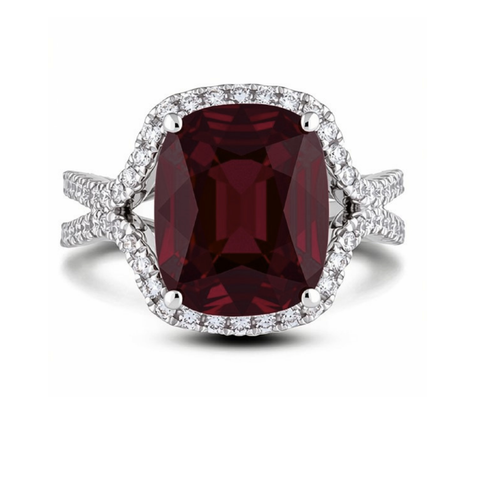 18kt White Gold Dark Red Natural Ruby and Diamond Halo Ring