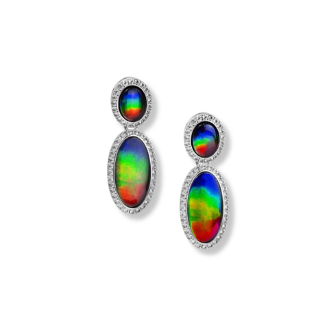Sterling Silver Serene Oval Ammolite and Topaz Long Halo Earrings