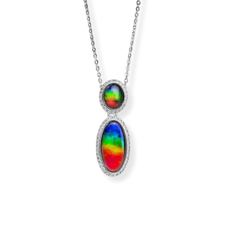 Sterling Silver Serene Ammolite and White Topaz Oval Halo Pendant