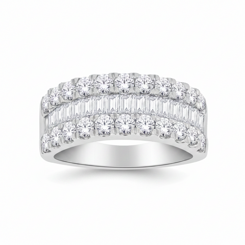 10kt White Gold 2.00cttw Lab-Grown Diamond Three Row Round and Baguette Dinner Ring