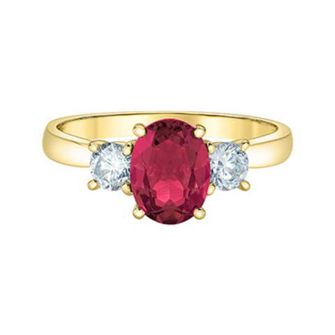 10kt Yellow Gold Oval Lab-Grown Ruby and Diamond Three Stone Ring