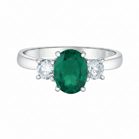 10kt White Gold Oval Lab-Grown Emerald and Diamond Three Stone Ring