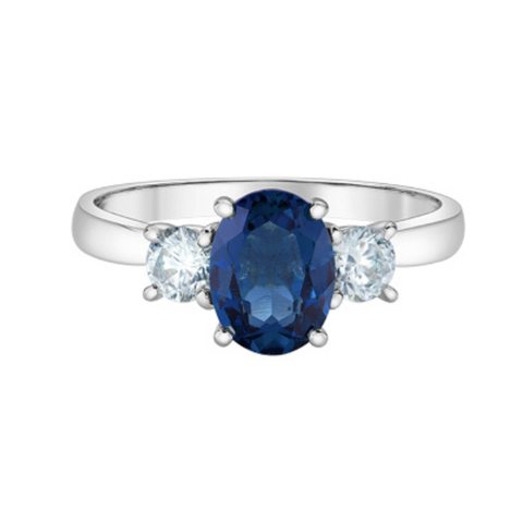 10kt White Gold Oval Lab-Grown Sapphire and Diamond Three Stone Ring