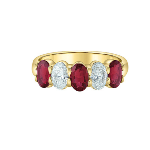 10kt Yellow Gold Oval Lab-Grown Ruby and Diamond Five Stone Ring