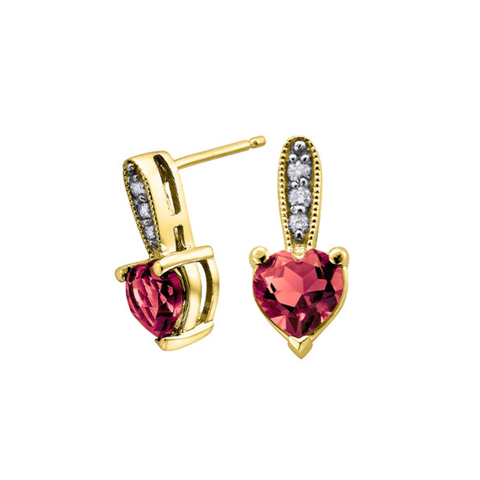 10kt Yellow Gold Heart Garnet And Diamond Earrings