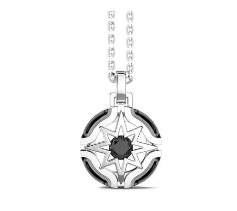 Sterling Silver Necklace with Wind Rose Pendant & Black Stone 24-Inch