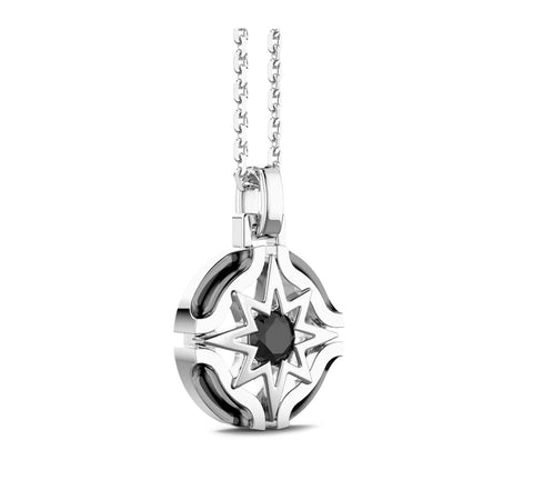 Sterling Silver Necklace with Wind Rose Pendant & Black Stone 24-Inch