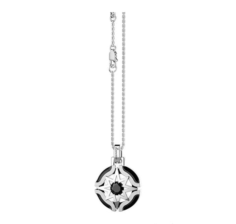 Sterling Silver Necklace with Wind Rose Pendant & Black Stone 24-Inch