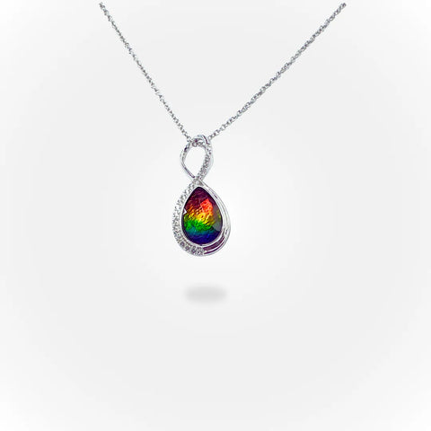 Sterling Silver Infinity Ammolite Pendant in Silver with White Topaz