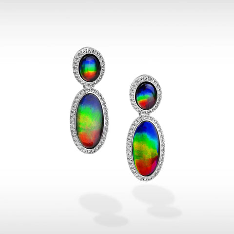 Sterling Silver Serene Oval Ammolite and Topaz Long Halo Earrings