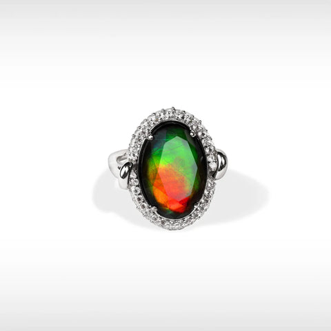 Sterling Silver Oval Ammolite and White Topaz Halo Ring