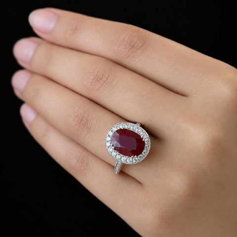 18kt White Gold 6.95ct Red Natural Ruby and 1.54cttw Diamond Halo Ring