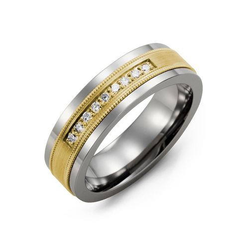 Men's Satin Milgrain Diamond Cobalt and 10kt Yellow Gold Wedding Band