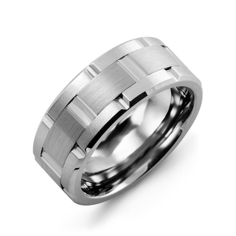 Men’s Satin Finish Grooved 10kt White Gold and Tungsten Wedding Band