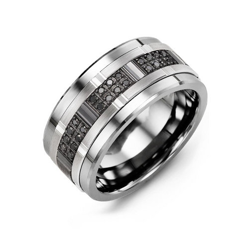 Tungsten and 10kt White Gold 0.24cttw Black Diamonds Wedding Band